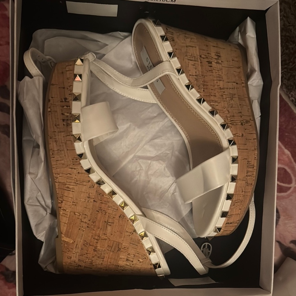 BRAND NEW Steven New York White Studded Cork Wedge Sandals - Women